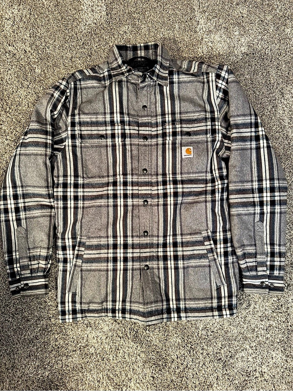 Carhartt Men’s M Relaxed Fit Sherpa Lined Plaid Jacket Gray Workwear
